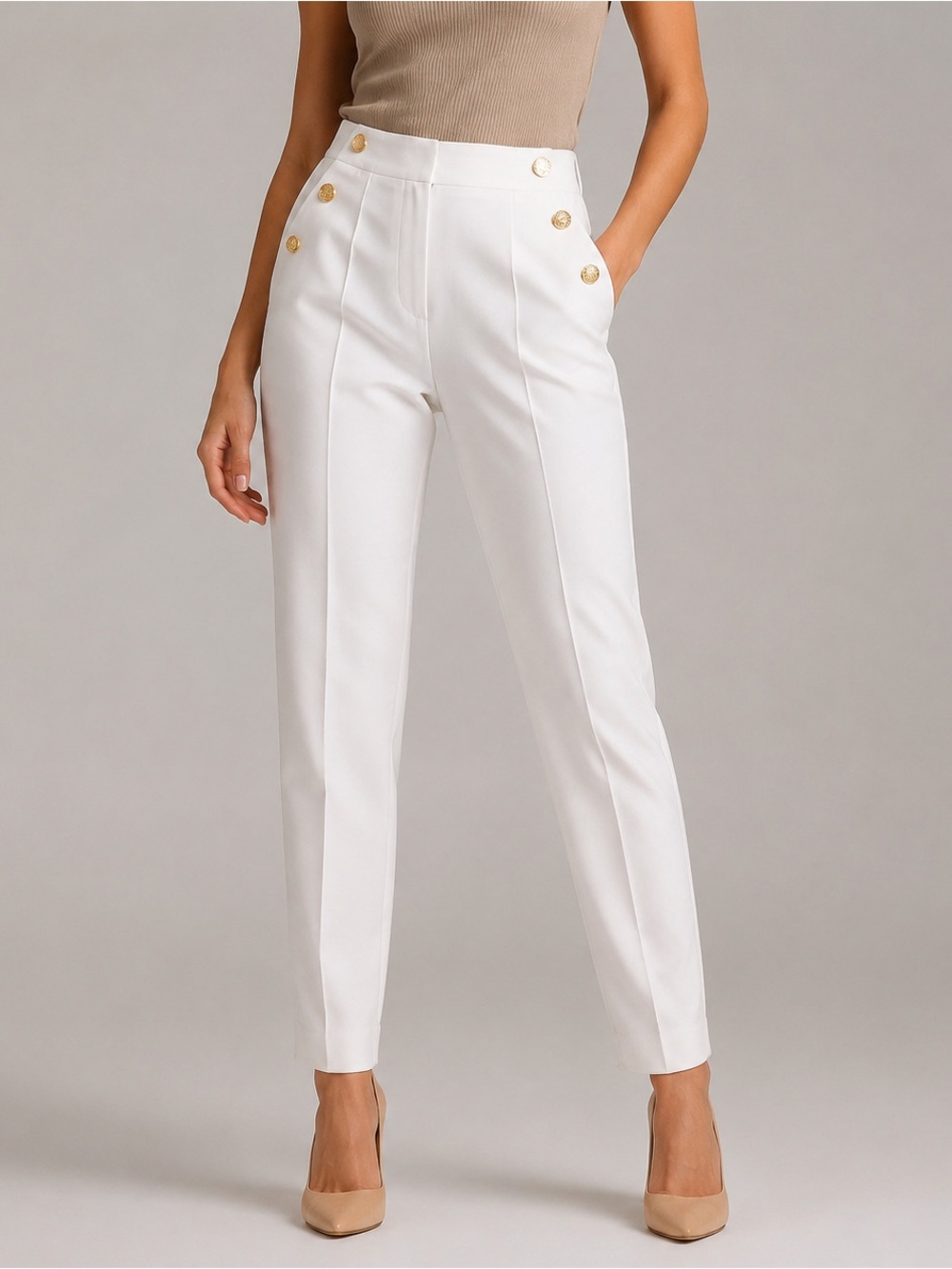 Zara White High-Waisted Gold Button Trousers Size Large NWT